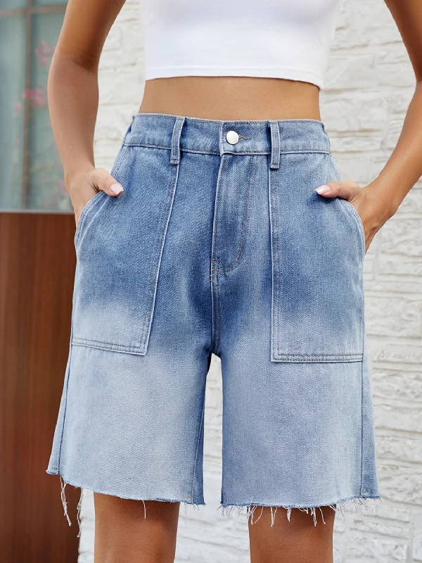 Women's denim shorts and a tank top-Buttoned Raw Hem Denim Shorts with Pockets