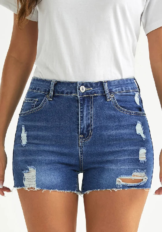 Women's denim shorts with high waist-Classic Blue Women's High Waisted Distressed Denim Jeans Shorts Ripped Raw Hem Jean Shorts