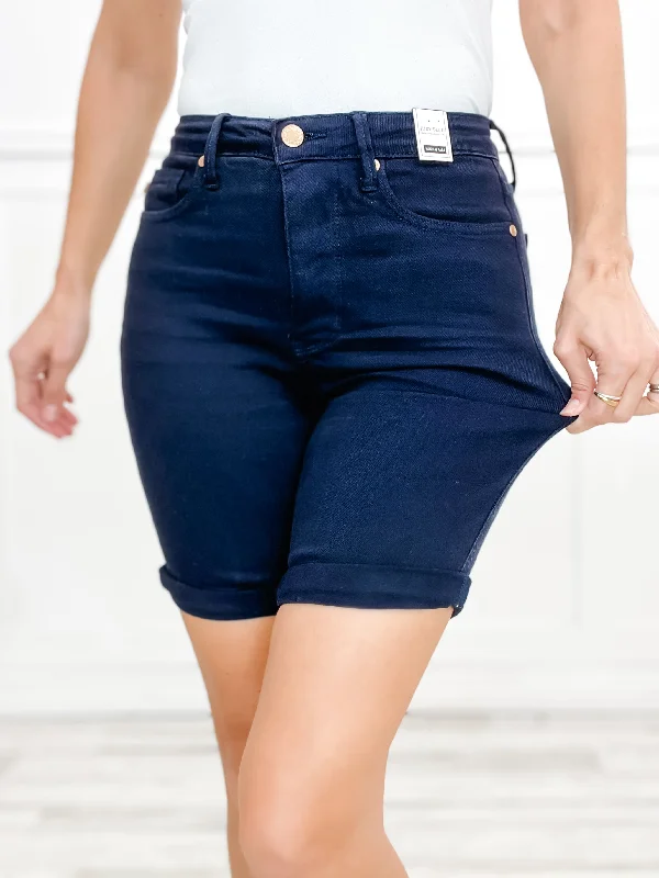 Women's denim shorts high rise trendy-Judy Blue High Waist Navy Garment Dyed Tummy Control Bermuda Shorts Women's denim shorts high rise trendy-Judy Blue High Waist Navy Garment Dyed Tummy Control Bermuda Shorts
