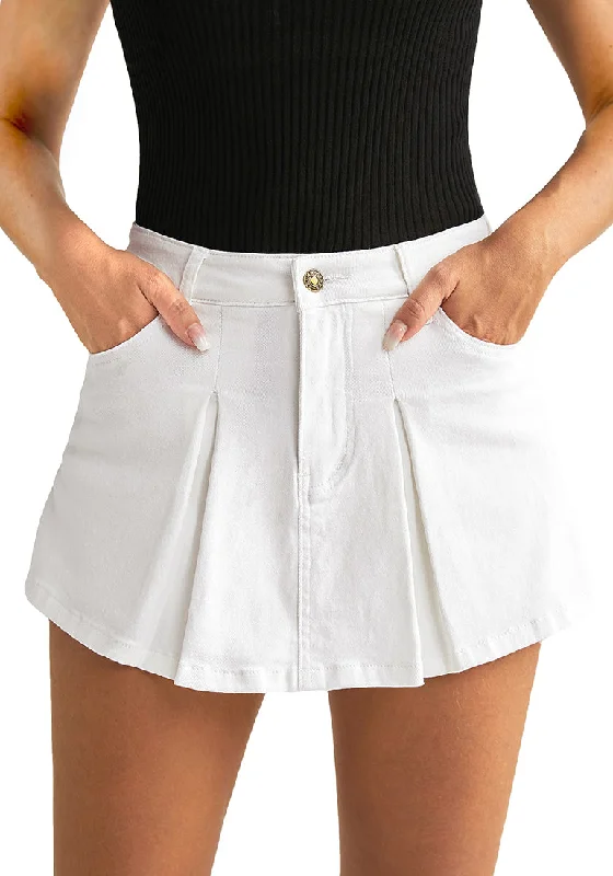 Women's denim shorts and a button-down shirt-Cream White Women's High Waisted Denim Shorts Button Front Casual Denim Skorts With Pocket Women's denim shorts and a button-down shirt-Cream White Women's High Waisted Denim Shorts Button Front Casual Denim Skorts With Pocket