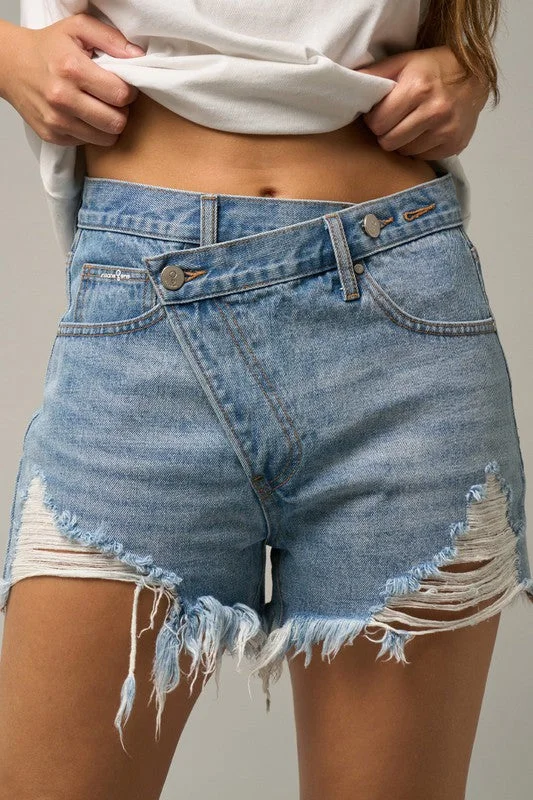 Women's denim shorts with distressed light wash :Crossover Premium Denim Mom Shorts Women's denim shorts with distressed light wash :Crossover Premium Denim Mom Shorts