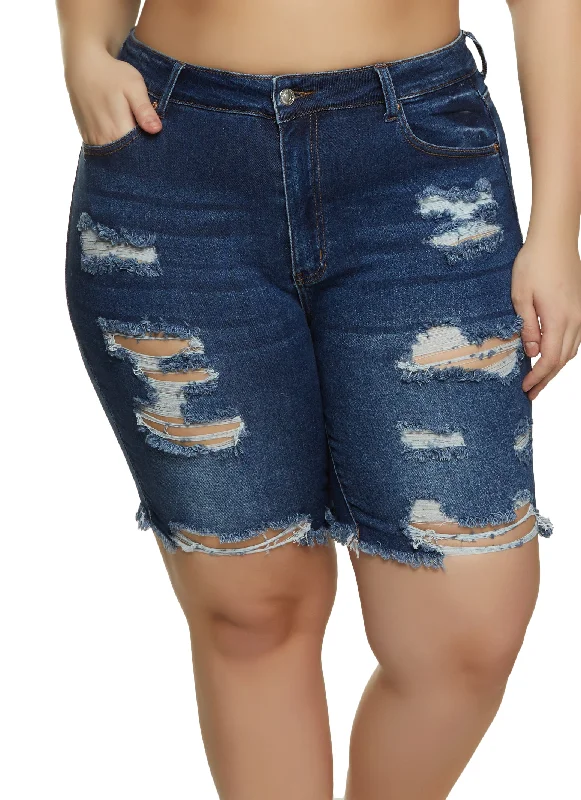 Women's denim shorts and a vest-Plus Size Distressed Denim Bermuda Shorts