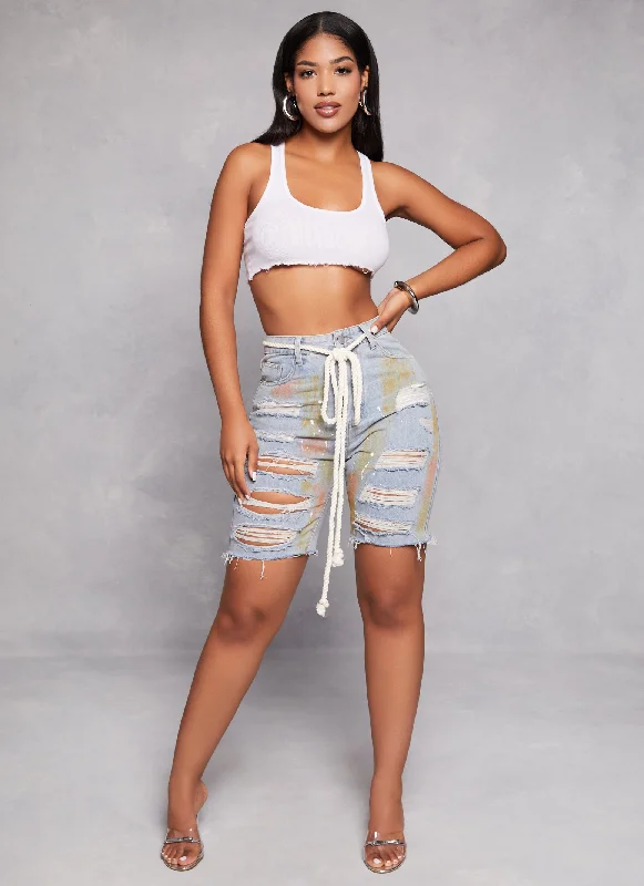 Women's denim shorts with pockets-Distressed Paint Splatter Belted Bermuda Shorts