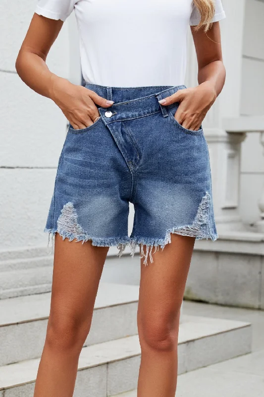The is high a style not for shop -Distressed Raw Hem Asymmetric Waist Denim Shorts