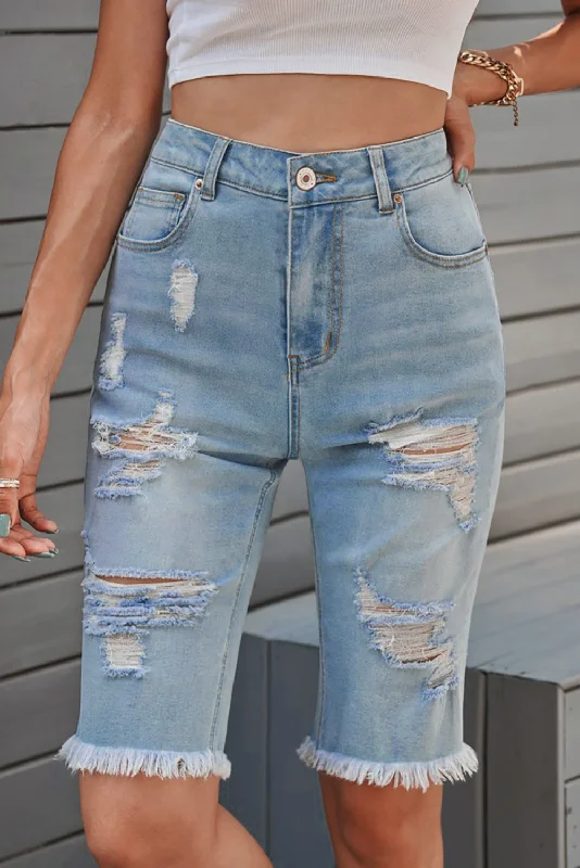 Women's denim shorts and a band tee-Distressed Raw Hem Denim Bermuda Shorts