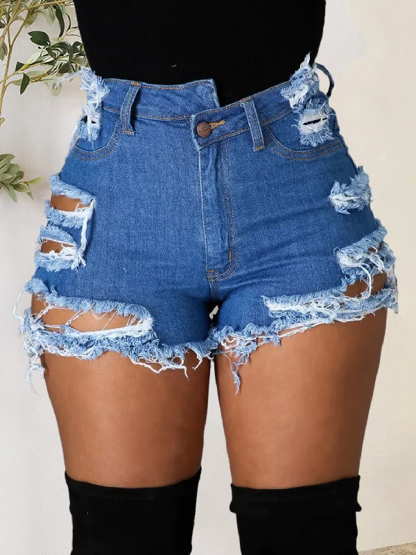 Women's denim shorts for a party-Distressed Raw Hem Denim Shorts with Pockets