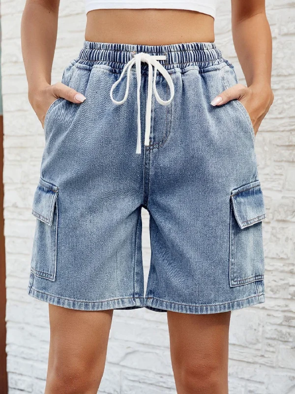 Women's denim shorts for everyday wear-Drawstring Denim Shorts with Pockets
