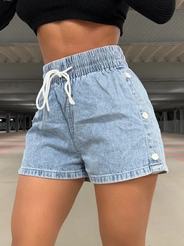 Women's denim shorts and ankle boots-Drawstring High Waist Denim Shorts