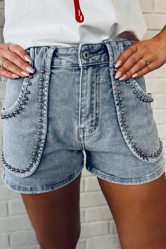 Women's denim shorts with a belt-Dusk Blue Studded Denim Shorts