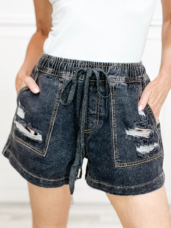 Women's denim shorts for a shopping spree-Elastic Waist Distressed Denim Shorts