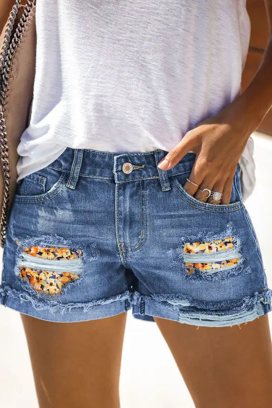 Women's denim shorts and ankle boots-Floral Rolled Hem Denim Shorts