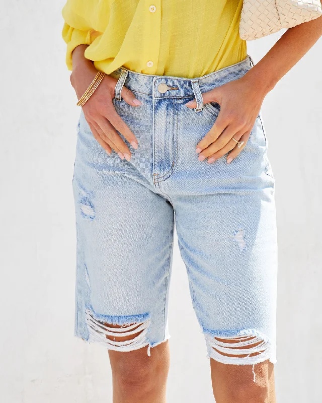 Women's denim shorts with a low-rise waist-Haley High Rise Distressed Denim Bermuda Shorts
