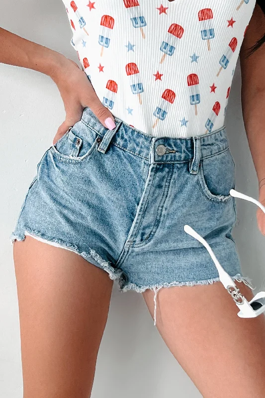 Women's denim shorts denim and rips-Haruko High Rise Button-Fly Denim Shorts (Medium Denim)