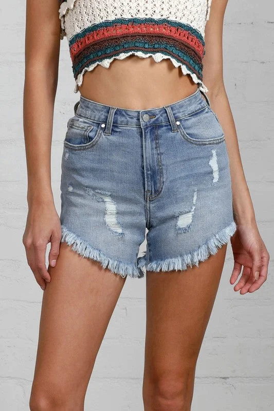 Women's denim shorts for a good choice :HIGH RISE DISTRESSED PREMIUM SHORTS