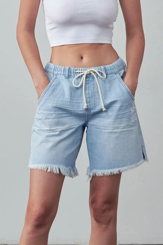 Women's denim shorts for rigid style trends :High Rise Drawstring Shorts