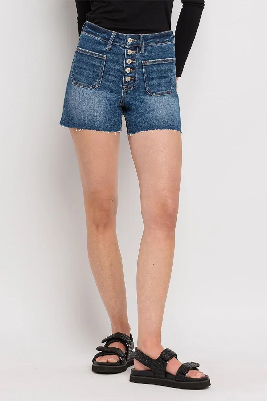 Women's denim shorts with a high rise waistband :High Rise Patched Button Fly Shorts by Vervet Women's denim shorts with a high rise waistband :High Rise Patched Button Fly Shorts by Vervet