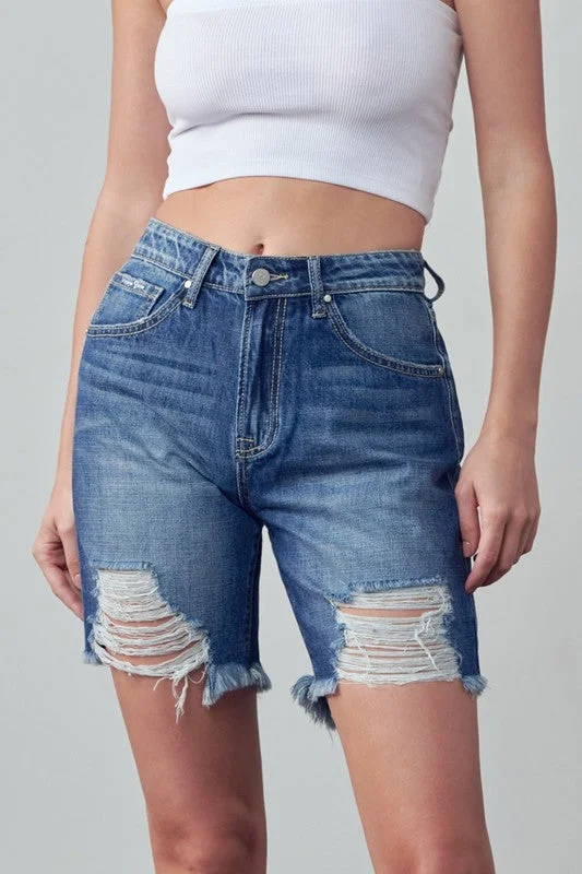 Women's denim shorts with multiple style rises :High Rise Ripped Bermuda Denim Shorts Women's denim shorts with multiple style rises :High Rise Ripped Bermuda Denim Shorts