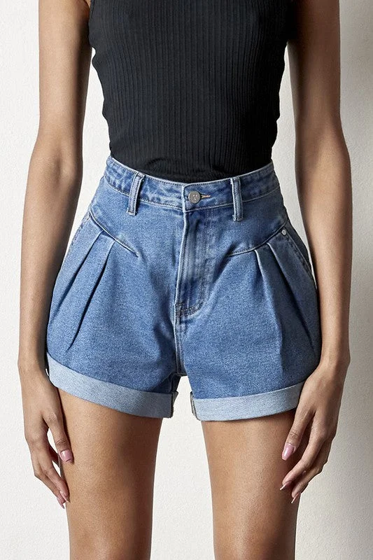Women's denim shorts with different hemline options :High Rise Roll Up Denim Shorts