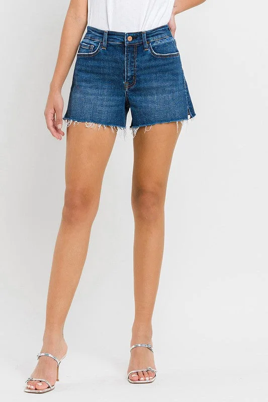Women's denim shorts with dark denim fits :High Rise Slit Raw Hem A-Line Shorts