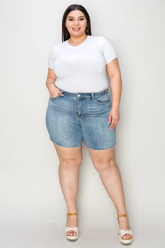 New what is with and for -Judy Blue Full Size High Waist Raw Hem Denim Shorts