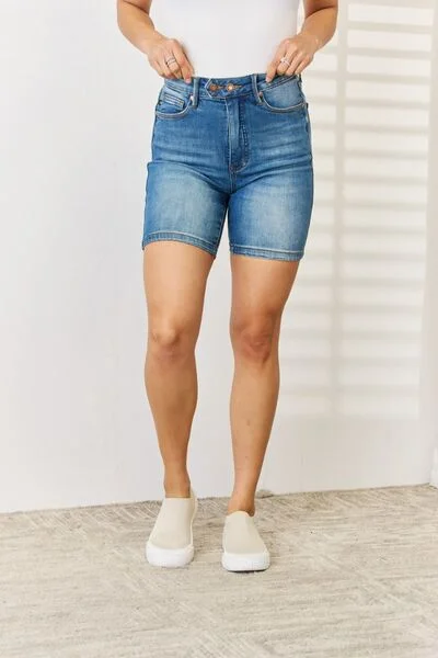 Women's denim shorts and a t-shirt dress-Judy Blue Full Size Tummy Control Double Button Bermuda Denim Shorts