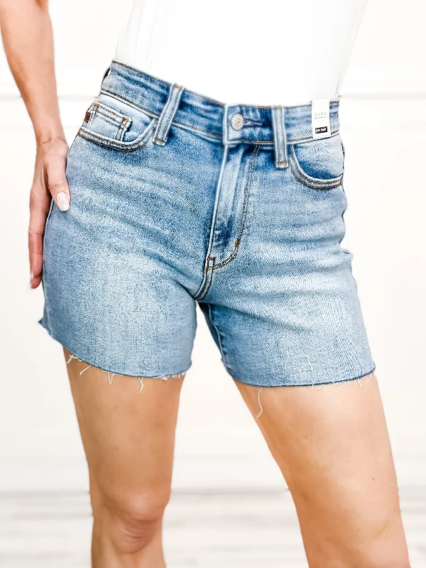 Women's denim shorts with a comfortable fit-Judy Blue Hi-Waist Raw Hem Denim Shorts