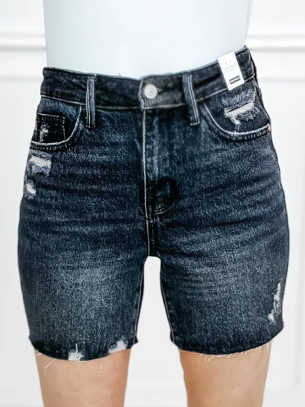 Women's denim shorts with tummy control-Judy Blue Hi-Waist Rigid Magic Destroyed Raw Hem Black Denim Shorts Women's denim shorts with tummy control-Judy Blue Hi-Waist Rigid Magic Destroyed Raw Hem Black Denim Shorts