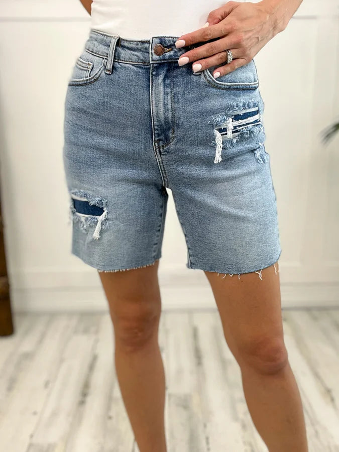 Women's denim shorts styled or not for styled women-Judy Blue High Waisted Mid-Length Denim Patch Shorts