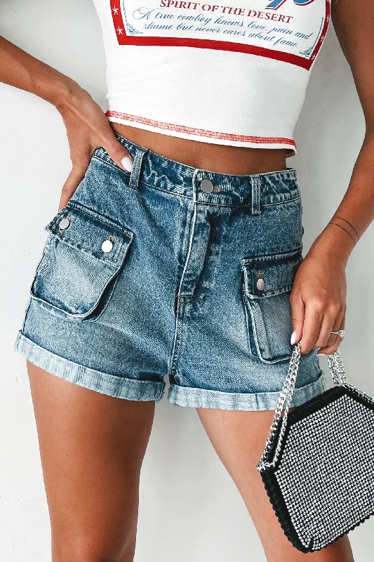 Women's denim shorts and a tunic top-Kade Denim Cargo Shorts (Washed Denim)
