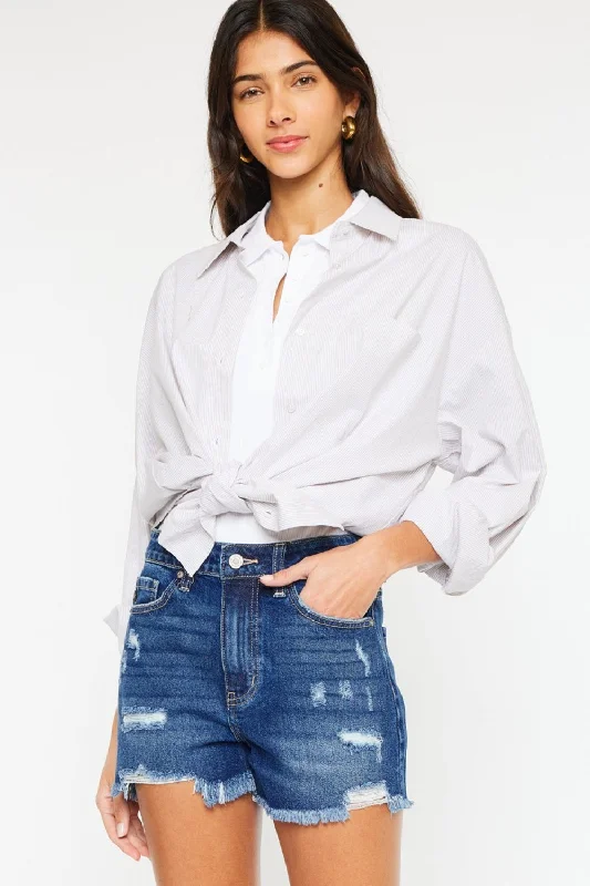 Look fabric and style what and or-Kancan High Rise Frayed Hem Denim Shorts