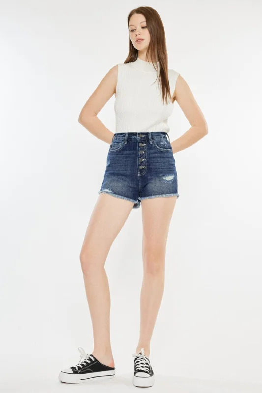 What can shop it now style:Kancan Raw Hem Button Fly Denim Shorts