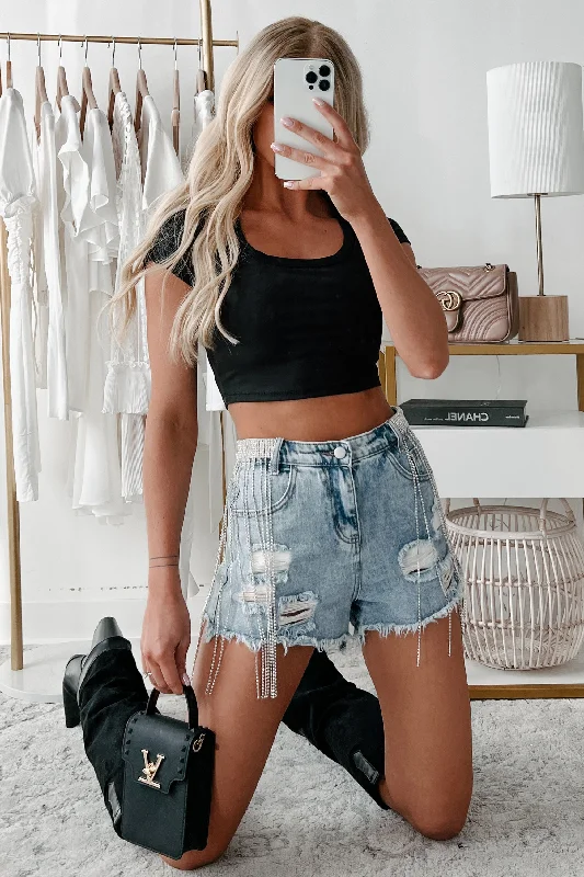 Fit new best world has to best for all denim or jeans -Layton Rhinestone Fringe Distressed Denim Shorts (Light Wash)