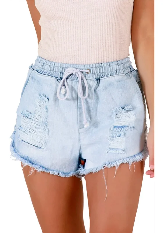 Jeans for has new styled with and style.Light Blue Raw Hem Drawstring Distressed Denim Shorts