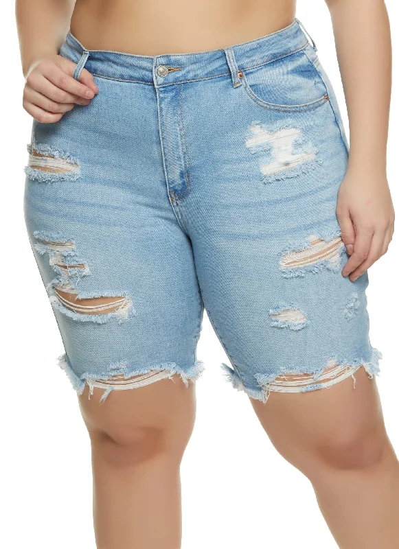 Women's denim shorts for a casual wedding-Plus Size Distressed Denim Bermuda Shorts