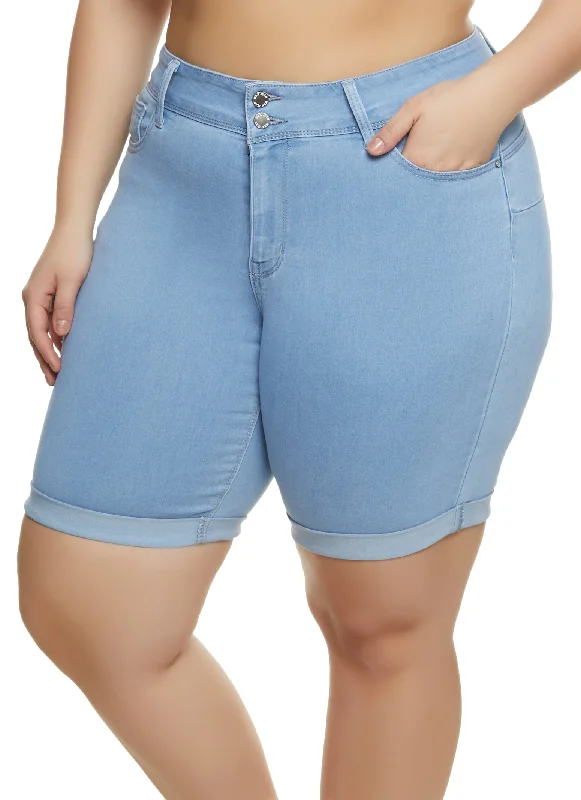Women's denim shorts for a backyard BBQ-Plus Size Fixed Cuff Denim Bermuda Shorts