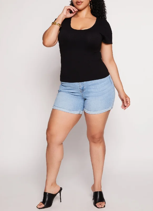 Women's denim shorts and a band tee-Plus Size WAX High Waist Cuffed Shorts