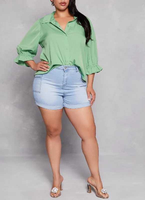 Women's denim shorts and a long-sleeved shirt-Plus Size WAX Rolled Cuff High Waisted Shorts Women's denim shorts and a long-sleeved shirt-Plus Size WAX Rolled Cuff High Waisted Shorts