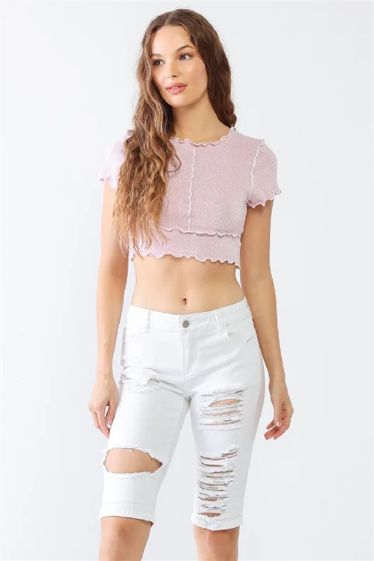 Women's denim shorts with embroidery-LITZ LA Distressed Bermuda Denim Shorts