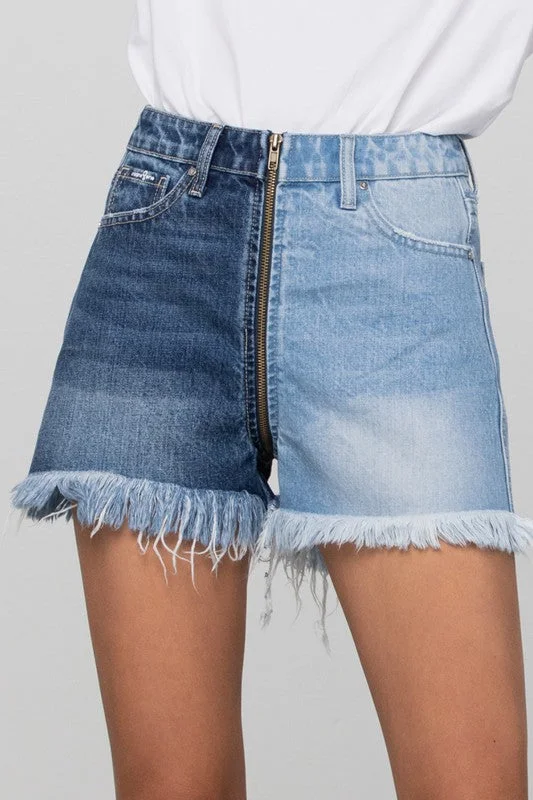 Women's denim shorts with affordable stylish :Long Fray Two Tone Denim Shorts