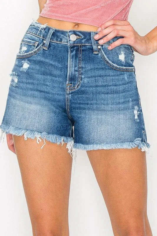 Women's denim shorts with a plaid print-MEAGAN MID RISE DISTRESSED SHORTS