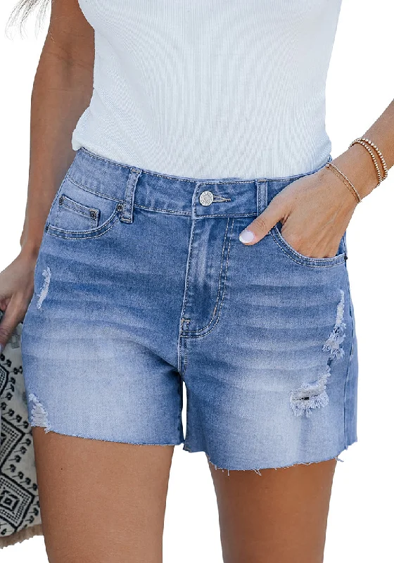Women's denim shorts with rips-Medium Blue Women's High Waisted Distressed Denim Jeans Shorts Ripped Raw Hem Jean Shorts