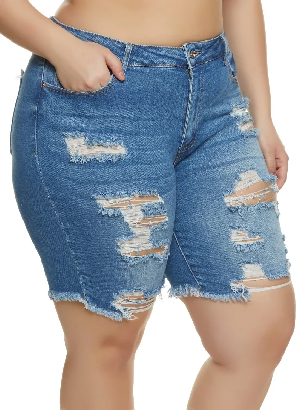 Women's denim shorts for a road trip-Plus Size Distressed Denim Bermuda Shorts