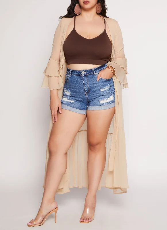 Women's denim shorts for shopping-Plus Size WAX Cuffed High Waist Distressed Denim Shorts Women's denim shorts for shopping-Plus Size WAX Cuffed High Waist Distressed Denim Shorts