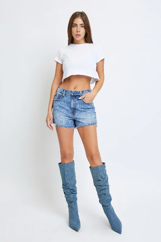 Women's denim shorts with vintage stretch denim :Medium Wash Rhinestone Finn Shorts