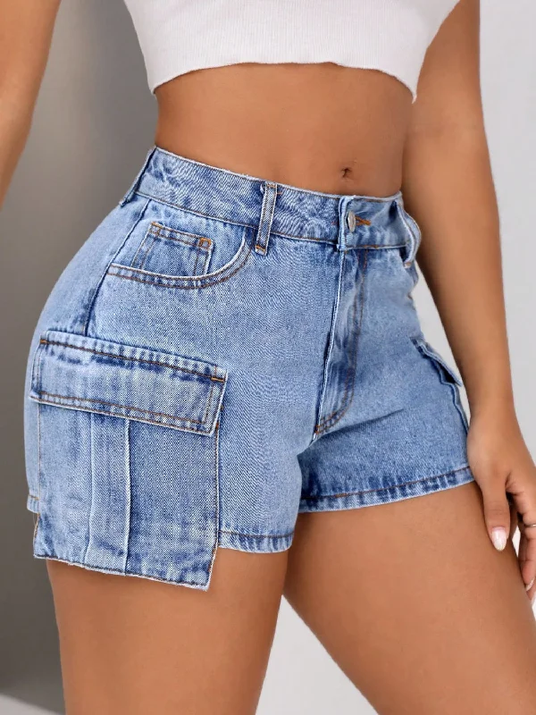 Women's denim shorts can the fit to :Mid-Rise Waist Denim Shorts with Pockets