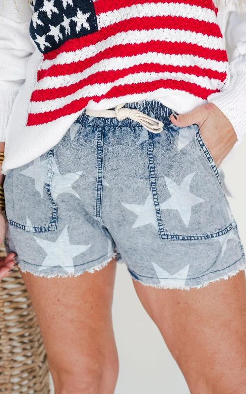 Women's denim shorts and a long-sleeved shirt-Americana Mineral Wash Raw Hem Star Shorts - Final Sale