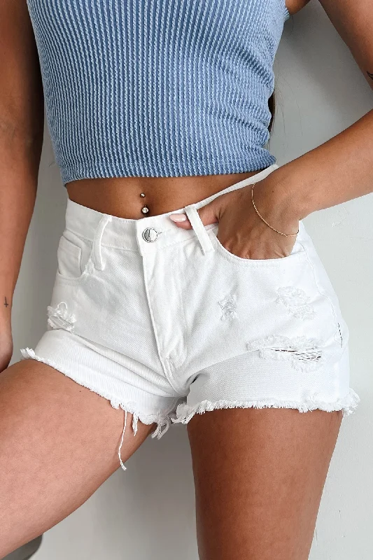 Women's denim shorts with rings-Never Told You High Rise Distressed Mom Shorts (Optic White)