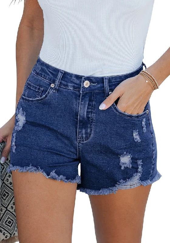 Women's denim shorts with a raw hem-Nightfall Blue Women's High Waisted Denim Distressed Jeans Shorts Frayed Raw Hem Ripped Shorts Women's denim shorts with a raw hem-Nightfall Blue Women's High Waisted Denim Distressed Jeans Shorts Frayed Raw Hem Ripped Shorts