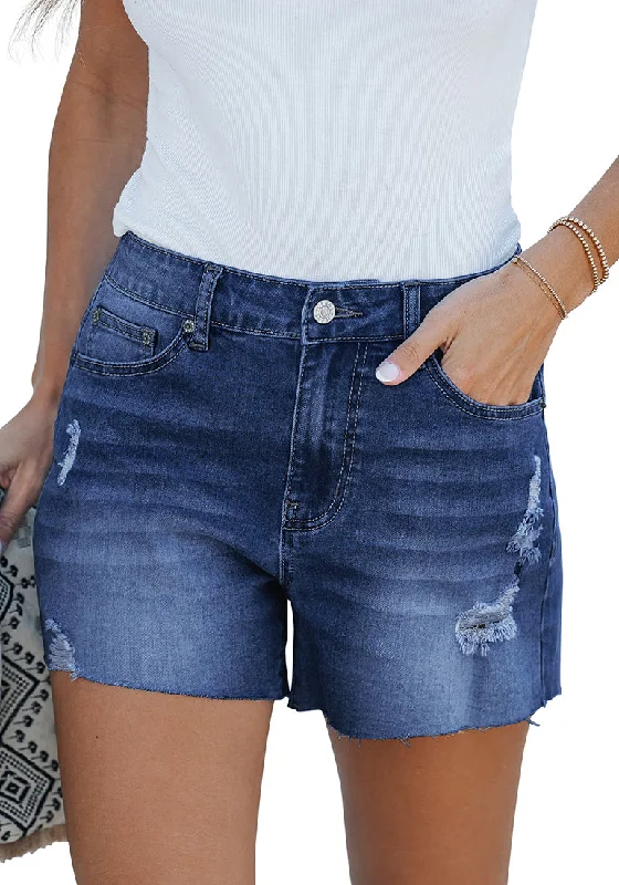Look fabric and style what and or-Nightfall Blue Women's High Waisted Distressed Denim Jeans Shorts Ripped Raw Hem Jean Shorts