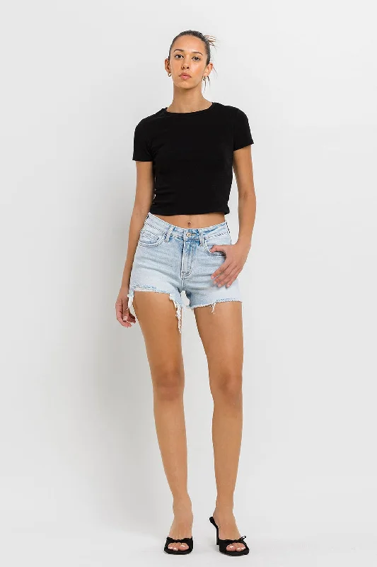 Women's denim shorts for accentuating curves :Rebecca High Rise Distressed Hem Shorts by Vervet Women's denim shorts for accentuating curves :Rebecca High Rise Distressed Hem Shorts by Vervet